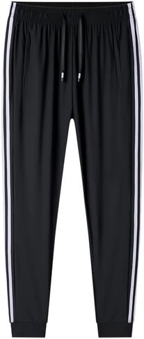Men's Sports Jogging Pants, Moisture Wicking Drawstring Sports Pants, Casual Pants, Black with White Stripes in Saudi Arabia