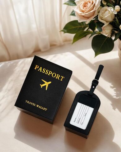 2PCS Passport Holder Set with Luggage Tag for Travel, Passport Cover Protector, Baggage ID Labels Tag with Adjustable Strap, Stylish and Practical, Black in Saudi Arabia