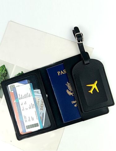 2PCS Passport Holder Set with Luggage Tag for Travel, Passport Cover Protector, Baggage ID Labels Tag with Adjustable Strap, Stylish and Practical, Black in Saudi Arabia