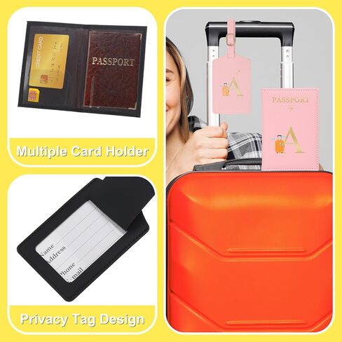 uxcell Passport Holder for Travel, Leather Passport Cover Book Holder Initial Luggage Tag Set Travel Essentials Suitcase Cover Wallet Case for Women Men Family, Personalized Pink K in Saudi Arabia