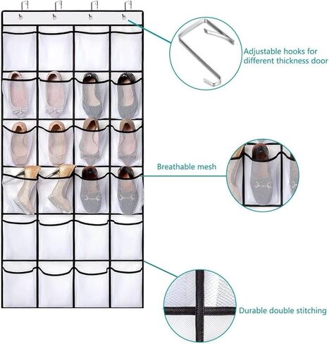 منظم أحذية معلق فوق الباب، شماعة منظم أحذية 24 جيبًا مع 4 خطافات، حقيبة شبكية لتخزين الأحذية قابلة للتنفس، موفرة للمساحة، 40 رطلًا شديدة التحمل للأحذية واللوازم، أبيض in Kuwait
