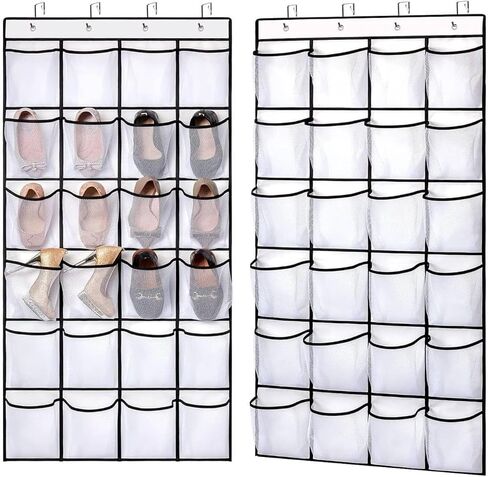منظم أحذية معلق فوق الباب، شماعة منظم أحذية 24 جيبًا مع 4 خطافات، حقيبة شبكية لتخزين الأحذية قابلة للتنفس، موفرة للمساحة، 40 رطلًا شديدة التحمل للأحذية واللوازم، أبيض in Kuwait