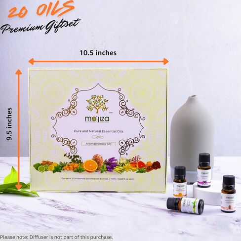 مجموعة هدايا الزيوت العطرية النقية للعلاج العطري من موجيزا، 20 زيتًا - خشب الصندل، الورد، البرغموت، الباتشولي، الجريب فروت، المريمية المتصلبة، الياسمين، اللافندر، وأكثر من ذلك، 10 مل لكل منها. كوشير معتمد، نباتي ولم يتم الإساءة إلى الحيوانات لتصنيعه in Kuwait