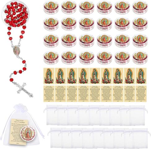 Red Rosary Beads Necklace Our Lady of Guadalupe Virgen De Guadalupe Scented Catholic Gifts with Gift Bags Cards Wooden Scented Beads for Women Men Baptism First Communion Party Favors in Saudi Arabia