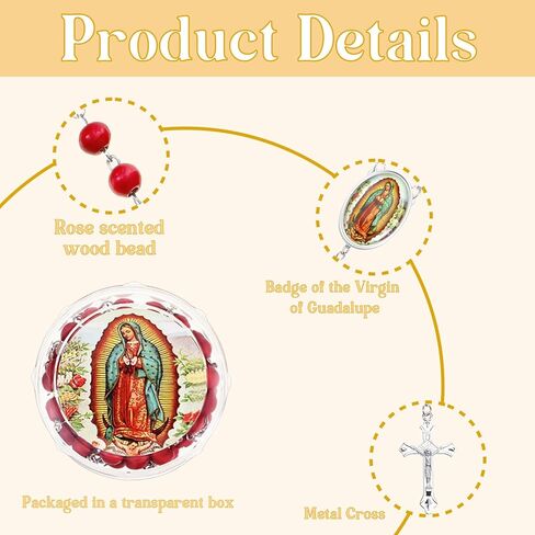 Red Rosary Beads Necklace Our Lady of Guadalupe Virgen De Guadalupe Scented Catholic Gifts with Gift Bags Cards Wooden Scented Beads for Women Men Baptism First Communion Party Favors in Saudi Arabia