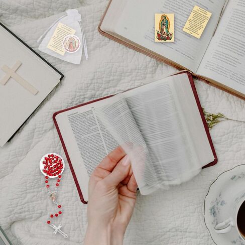 Red Rosary Beads Necklace Our Lady of Guadalupe Virgen De Guadalupe Scented Catholic Gifts with Gift Bags Cards Wooden Scented Beads for Women Men Baptism First Communion Party Favors in Saudi Arabia