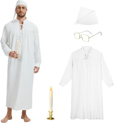 4Pcs Funny Men Pajama Set with Mens Nightgown, Pajama Hat, Vintage Glasses and Candle for Halloween Christmas ﻿ ﻿ in Saudi Arabia