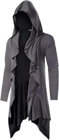 Runcati Mens Long Hooded Cardigan Ruffle Shawl Collar Open Front Long Sleeve Lightweight Drape Robe in Saudi Arabia