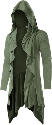 Runcati Mens Long Hooded Cardigan Ruffle Shawl Collar Open Front Long Sleeve Lightweight Drape Robe in Saudi Arabia