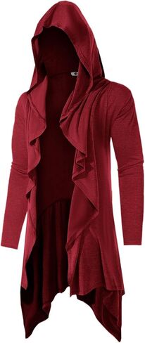Runcati Mens Long Hooded Cardigan Ruffle Shawl Collar Open Front Long Sleeve Lightweight Drape Robe in Saudi Arabia