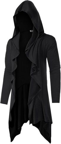 Runcati Mens Long Hooded Cardigan Ruffle Shawl Collar Open Front Long Sleeve Lightweight Drape Robe in Saudi Arabia