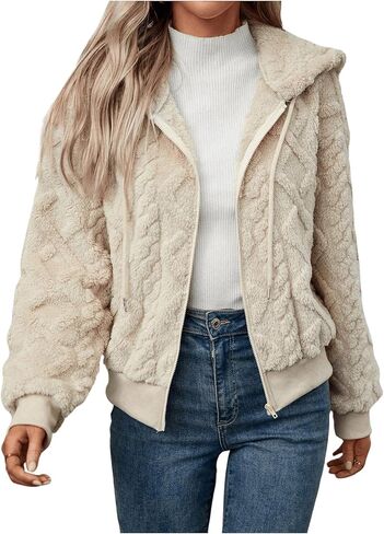 Verdusa Women's Fuzzy Furry Zip Up Hoodie Jacket Textured Teddy Coat Winter Clothes in Saudi Arabia