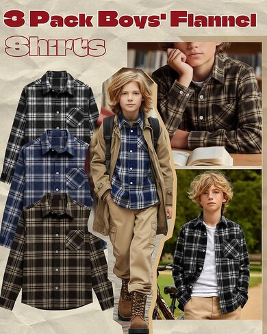 3 Pack Boys' Flannel Plaid Shirts Lightweight Long Sleeve Button up Shirts Slim Fit Casual Toddler's Christmas Outfit(Apricot Coffee, Blue White, Black White,14-15 Years) in Saudi Arabia