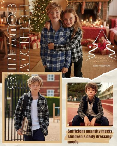3 Pack Boys' Flannel Plaid Shirts Lightweight Long Sleeve Button up Shirts Slim Fit Casual Toddler's Christmas Outfit(Apricot Coffee, Blue White, Black White,14-15 Years) in Saudi Arabia