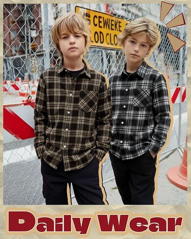 3 Pack Boys' Flannel Plaid Shirts Lightweight Long Sleeve Button up Shirts Slim Fit Casual Toddler's Christmas Outfit(Apricot Coffee, Blue White, Black White,14-15 Years) in Saudi Arabia