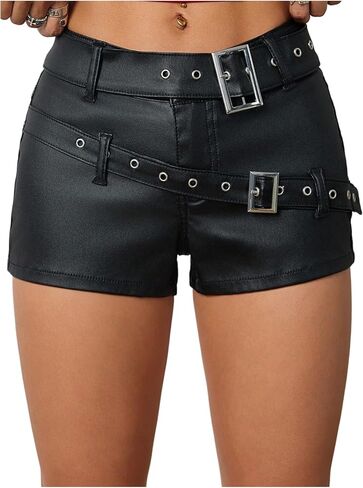 Floerns Women's Low Rise Straight Leg Leather Shorts Buckle Belt Rave Outfit Club Mini Shorts in Saudi Arabia