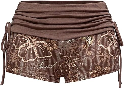 Women's Floral Mini Shorts Y2k Ruched Bow Tie Side Low Rise Skinny Shorts Concert Festival Outfits in Saudi Arabia