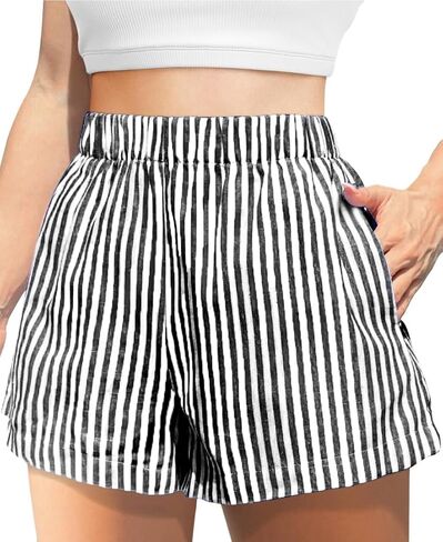 Women's Striped Print Shorts High Waisted Elastic Waist Wide Leg Loose Casual Shorts in Saudi Arabia