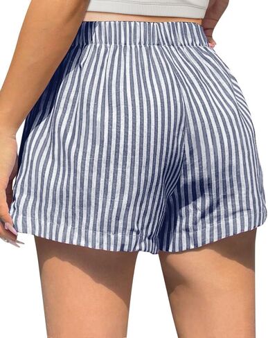 Women's Striped Print Shorts High Waisted Elastic Waist Wide Leg Loose Casual Shorts in Saudi Arabia