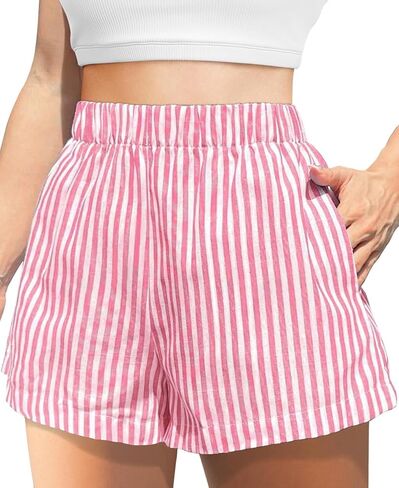Women's Striped Print Shorts High Waisted Elastic Waist Wide Leg Loose Casual Shorts in Saudi Arabia