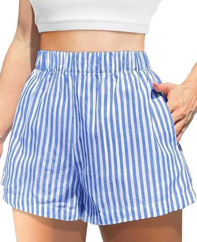 Women's Striped Print Shorts High Waisted Elastic Waist Wide Leg Loose Casual Shorts in Saudi Arabia