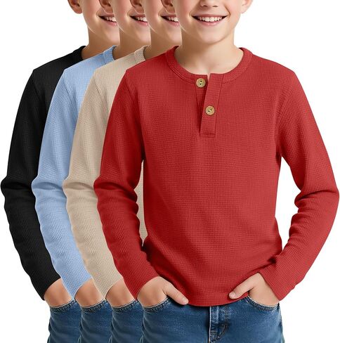 4 Pack Boy's Long Sleeve Henley Shirts, Waffle Thermal Cotton Blend Tops Fall Winter Breathable Tees 5-14 Years in Saudi Arabia