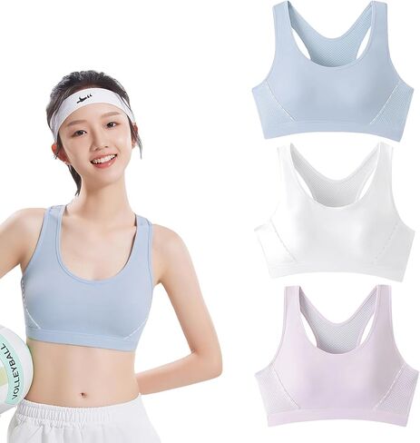 حمالة صدر للتدريب للفتيات مع ظهر متسابق ناعم ومطاط ومبطن بدون خياطة للمراهقين، حمالات صدر رياضية لليوجا والتشجيع من 8 إلى 16 عامًا in Kuwait