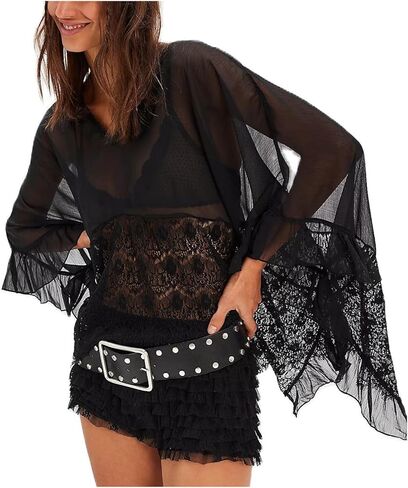 Women Sheer Loose Top Y2k V Neck Solid Color Poncho Tops Fairy Grunge Bat Sleeve Mesh Oversized Poncho Blouses in Saudi Arabia