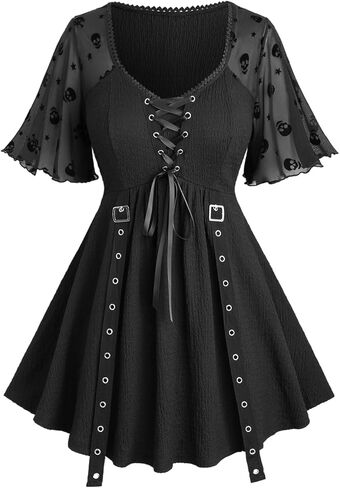 ROSE GAL Women Plus Size Gothic Blouse Skulls Mesh Flocking Flutter Sleeves Lace Up Crinkle Textured Goth Swing Top in Saudi Arabia