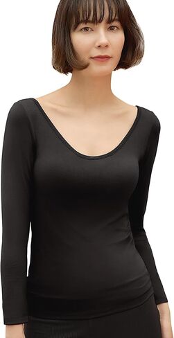 Bambi Water Women's Bra Padded Long Sleeve Thermal Underwear Warm Heat Wide Neck Fit Japan Patented (Black,Small) in Saudi Arabia