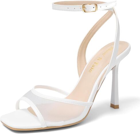Shoe'N Tale Heeled Sandals for Women Mesh Ankle Heels High Heels Buckle Strap Square Toe Stiletto Heel in Saudi Arabia