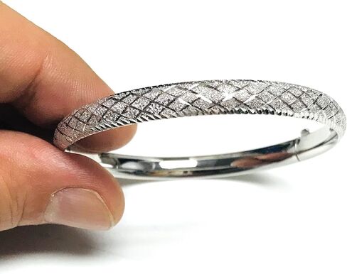 14k White Gold Sparkle And Diamond Shape Pattern Bangle Bracelet, 7" in Saudi Arabia