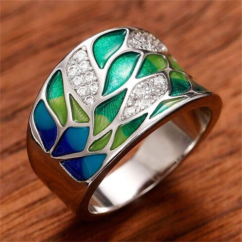 Chic Bohemia Style Green Leaf Enamel Ring for Women Shiny Zirconia Accessories for Party in Saudi Arabia