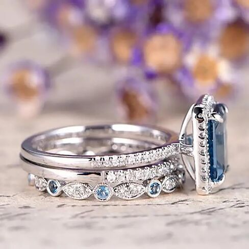 Stylish 3Pcs Set of Rings for Women Blue Zirconia Accessories for Wedding Ceremony in Saudi Arabia