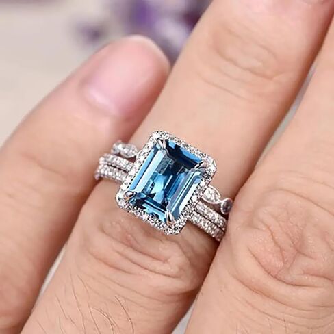 Stylish 3Pcs Set of Rings for Women Blue Zirconia Accessories for Wedding Ceremony in Saudi Arabia