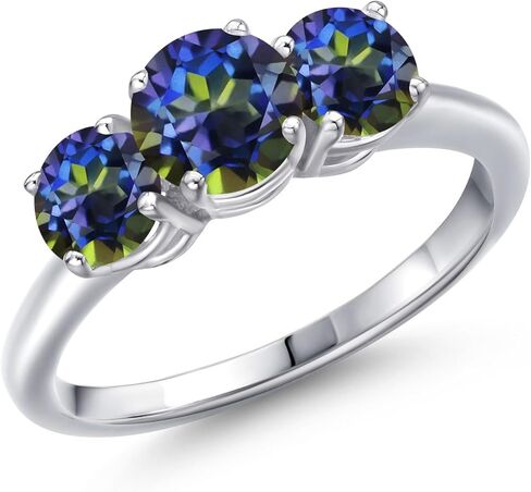 Gem Stone King 925 Sterling Silver 3-Stone Engagement Ring for Women | 6MM Round White Lab Grown Diamond with 5MM Round Gemstone Birthstone | Wedding Anniversary Promise Ring | Sizes 5-9 in Saudi Arabia