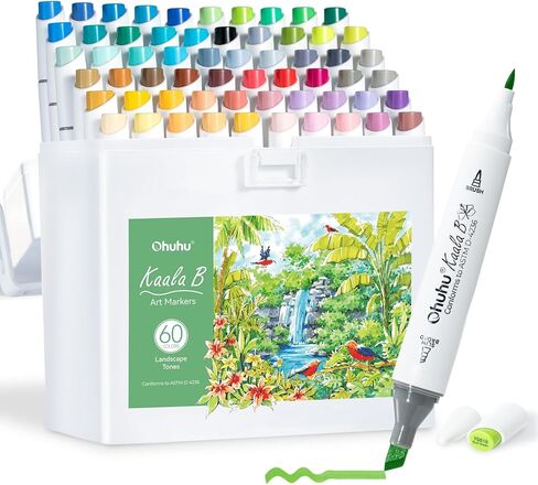 Ohuhu Alcohol Markers: Mini Brush & Slim Broad 60 Illustration Colors Dual Tip Brush Tip Alcohol-based Art Marker for Artists Adults Coloring Illustration- Refillable - Kaala B Series of Ohuhu Markers in Saudi Arabia