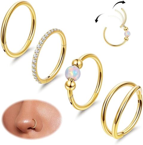 4PCS 20G Titanium Nose Rings Hoops for Women Men Double Hoop Nose Ring CZ Opal Clicker Septum Hoop Daith Cartilage Conch Ring Tragus Helix Rook Piercing Jewelry 8/10MM in Saudi Arabia