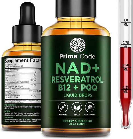 Prime Code NAD+ قطرات سائلة مع ريسفيراترول وفيتامين ب12 وPQQ - طاقة خلوية متقدمة ودعم مضاد للأكسدة - نباتي، غير معدّل وراثيًا، خالي من الغلوتين - مكمل سريع الامتصاص للرجال والنساء، 2 أونصة سائلة in Saudi Arabia
