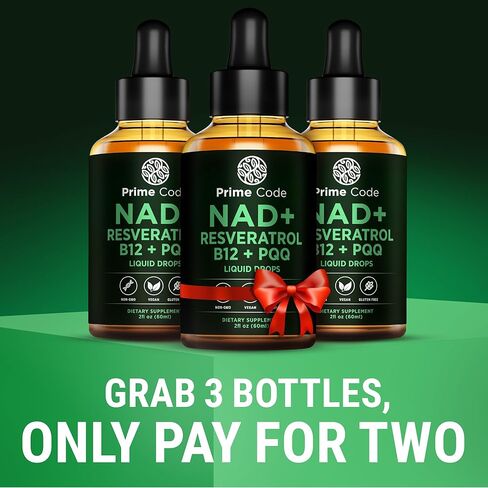 Prime Code NAD+ قطرات سائلة مع ريسفيراترول وفيتامين ب12 وPQQ - طاقة خلوية متقدمة ودعم مضاد للأكسدة - نباتي، غير معدّل وراثيًا، خالي من الغلوتين - مكمل سريع الامتصاص للرجال والنساء، 2 أونصة سائلة in Saudi Arabia