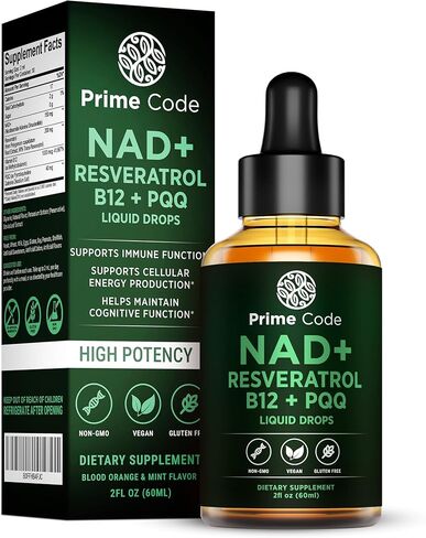 Prime Code NAD+ قطرات سائلة مع ريسفيراترول وفيتامين ب12 وPQQ - طاقة خلوية متقدمة ودعم مضاد للأكسدة - نباتي، غير معدّل وراثيًا، خالي من الغلوتين - مكمل سريع الامتصاص للرجال والنساء، 2 أونصة سائلة in Saudi Arabia
