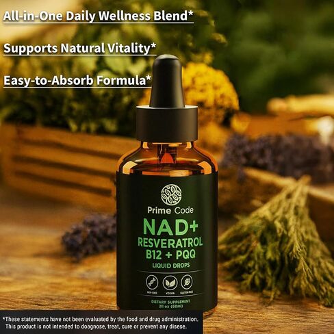 Prime Code NAD+ قطرات سائلة مع ريسفيراترول وفيتامين ب12 وPQQ - طاقة خلوية متقدمة ودعم مضاد للأكسدة - نباتي، غير معدّل وراثيًا، خالي من الغلوتين - مكمل سريع الامتصاص للرجال والنساء، 2 أونصة سائلة in Saudi Arabia
