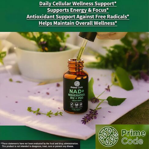 Prime Code NAD+ قطرات سائلة مع ريسفيراترول وفيتامين ب12 وPQQ - طاقة خلوية متقدمة ودعم مضاد للأكسدة - نباتي، غير معدّل وراثيًا، خالي من الغلوتين - مكمل سريع الامتصاص للرجال والنساء، 2 أونصة سائلة in Saudi Arabia