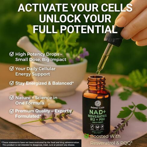 Prime Code NAD+ قطرات سائلة مع ريسفيراترول وفيتامين ب12 وPQQ - طاقة خلوية متقدمة ودعم مضاد للأكسدة - نباتي، غير معدّل وراثيًا، خالي من الغلوتين - مكمل سريع الامتصاص للرجال والنساء، 2 أونصة سائلة in Saudi Arabia