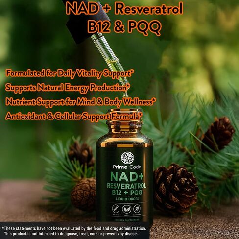 Prime Code NAD+ قطرات سائلة مع ريسفيراترول وفيتامين ب12 وPQQ - طاقة خلوية متقدمة ودعم مضاد للأكسدة - نباتي، غير معدّل وراثيًا، خالي من الغلوتين - مكمل سريع الامتصاص للرجال والنساء، 2 أونصة سائلة in Saudi Arabia