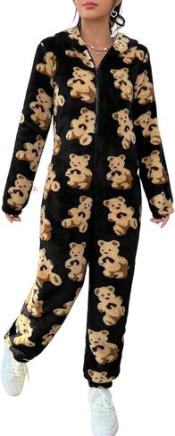 ZAFUL Women's Onesie Hooded Pajamas Fluffy Zipper Long Sleeve Fleece Jumpsuit Sleepwear in Saudi Arabia