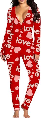 Valentines Onesies For Women One Piece Pajamas Sexy Button Down Pattern Print Bodycon Jumpsuit Bodysuit Sleepwear in Saudi Arabia