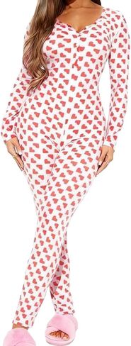 Valentines Onesies For Women One Piece Pajamas Sexy Button Down Pattern Print Bodycon Jumpsuit Bodysuit Sleepwear in Saudi Arabia