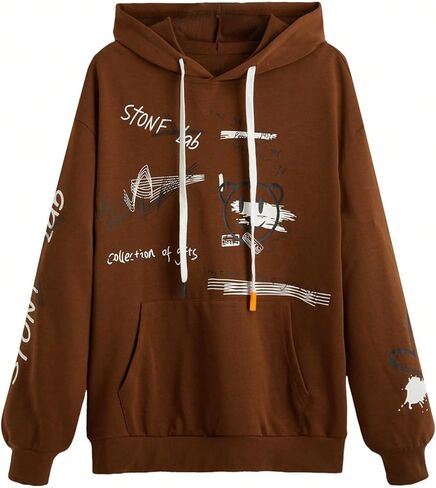 Men's Cartoon Long Sleeve Pocket Sweatshirts Letter Graphic Drawstring Hoodie in Saudi Arabia