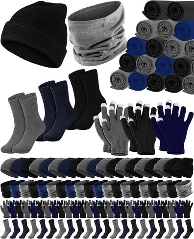 Panitay 100 Pcs Winter Homeless Care Package Supplies Fleece Blankets Bulk Unisex Beanies Gloves Neck Warm Cotton Socks in Bulk for Cold Weather Woman Men Homeless Shelter Donating Warm Gift in Kuwait